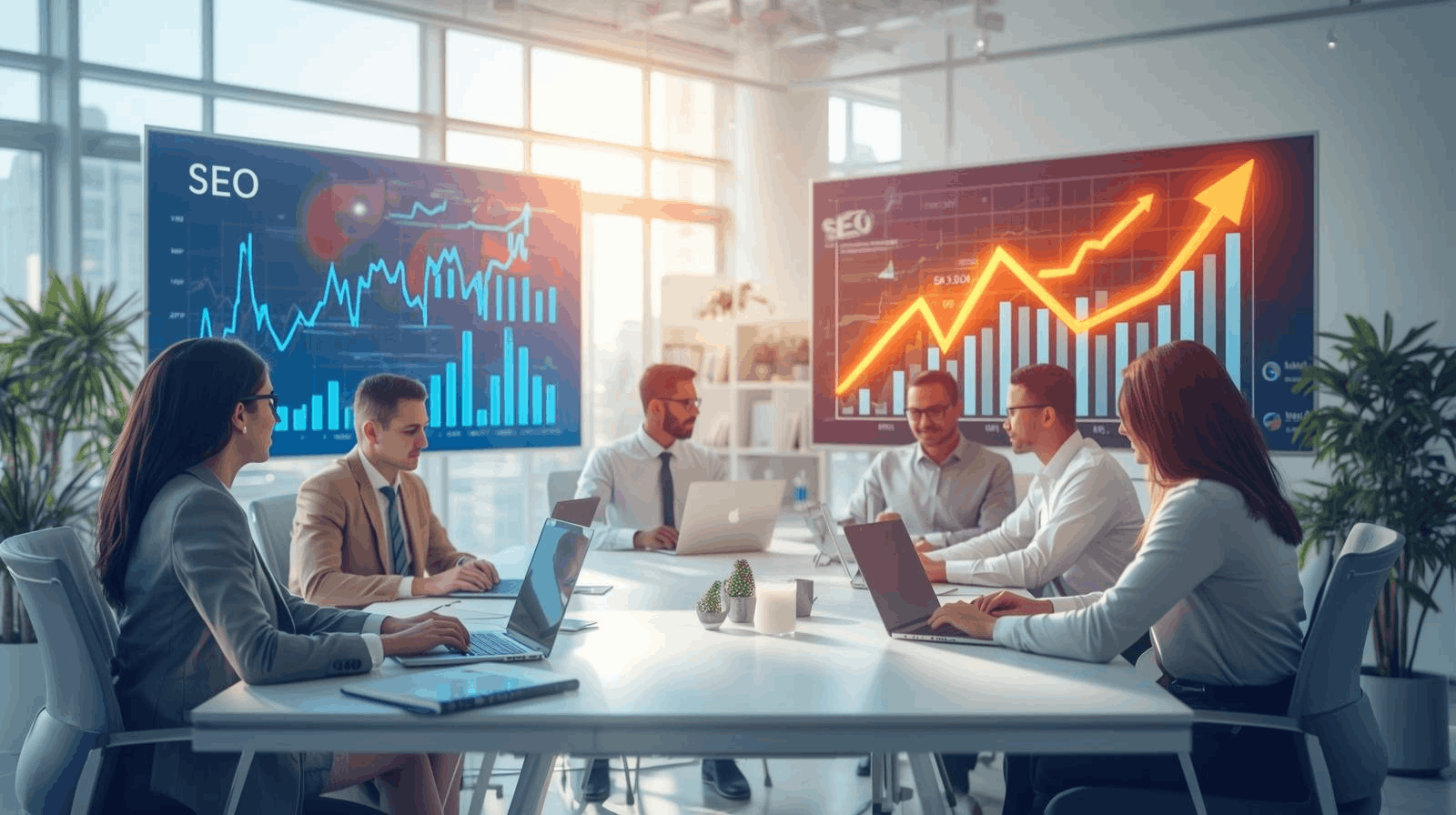 SEO team analyzing website traffic and backlinks to improve search rankings